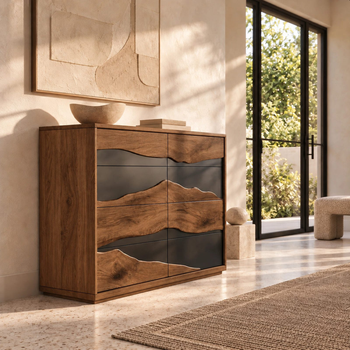 Organic Tall Dresser With Contrasting Wood Grain Front For Bedroom
