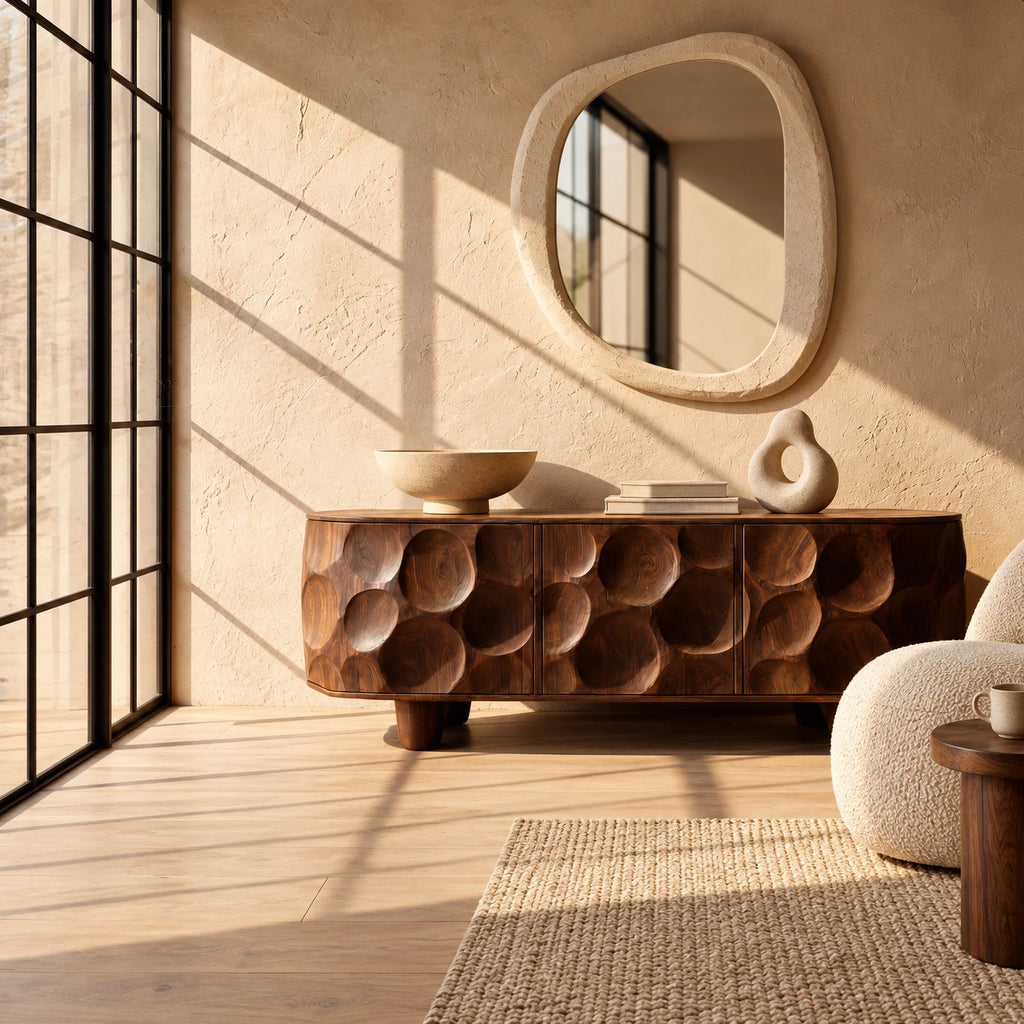 Sculptural Honeycomb Carved Wood Sideboard For Dining Room