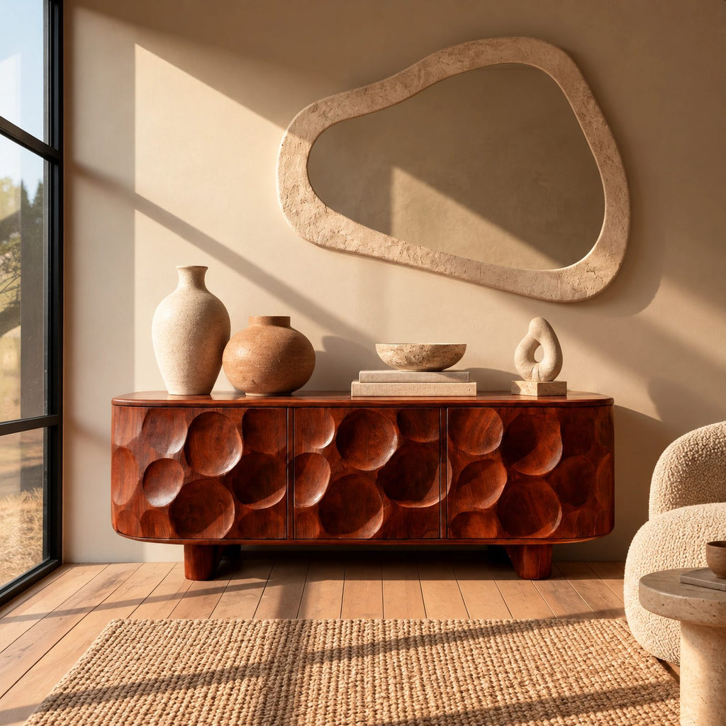 Sculptural Honeycomb Carved Wood Sideboard For Dining Room