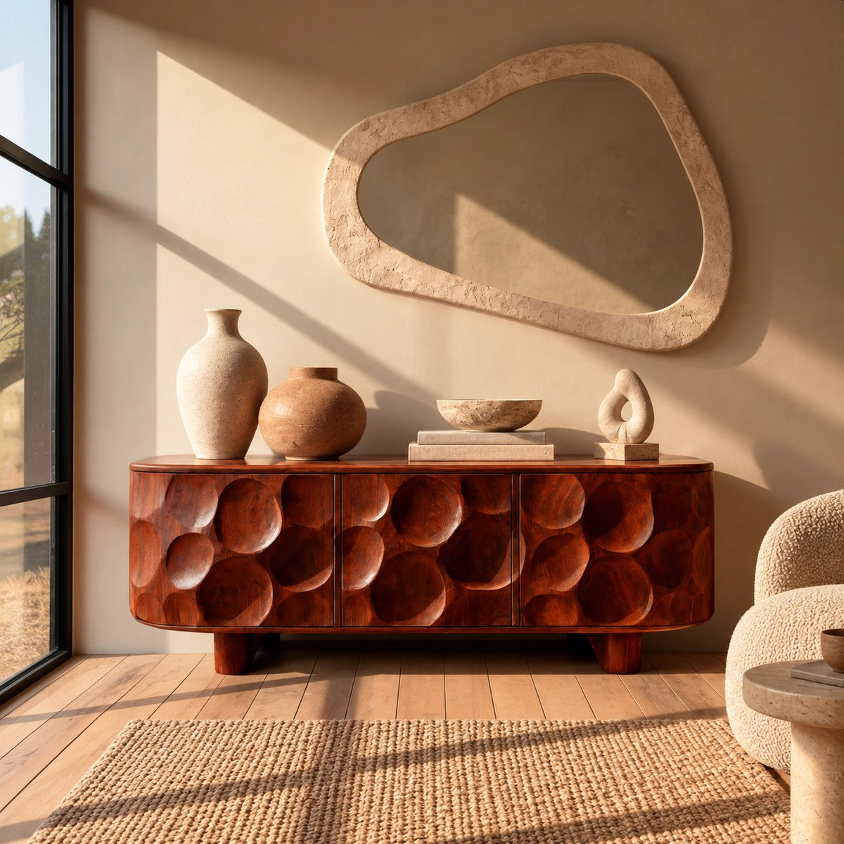 Sculptural Honeycomb Carved Wood Sideboard For Dining Room