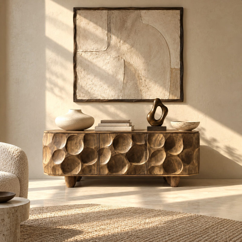 Sculptural Honeycomb Carved Wood Sideboard For Dining Room