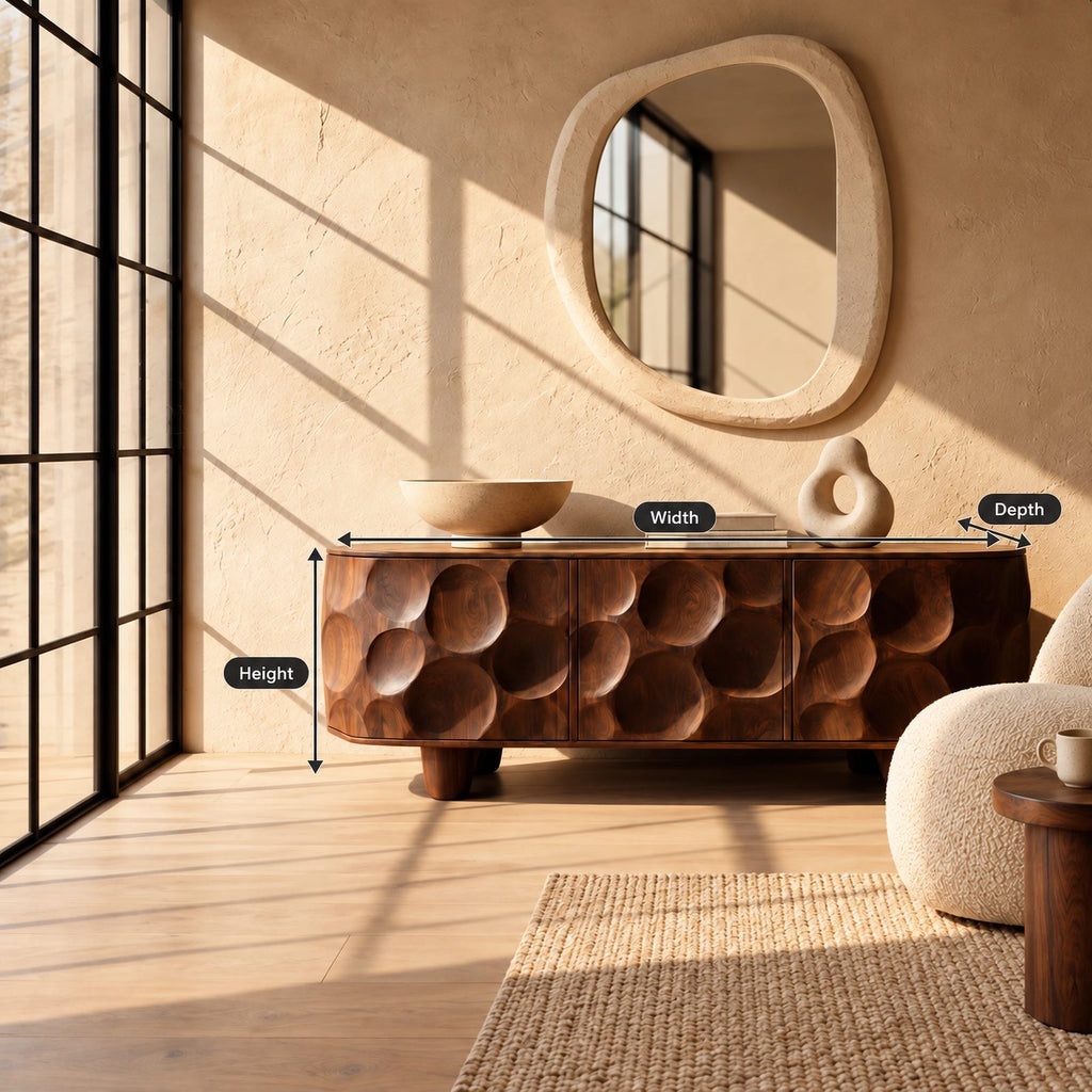 Sculptural Honeycomb Carved Wood Sideboard For Dining Room