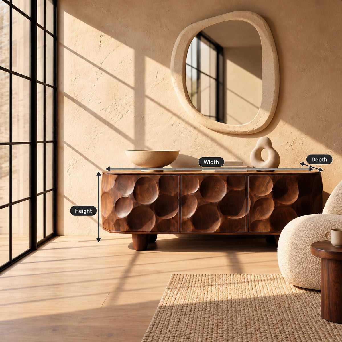 Sculptural Honeycomb Carved Wood Sideboard For Dining Room