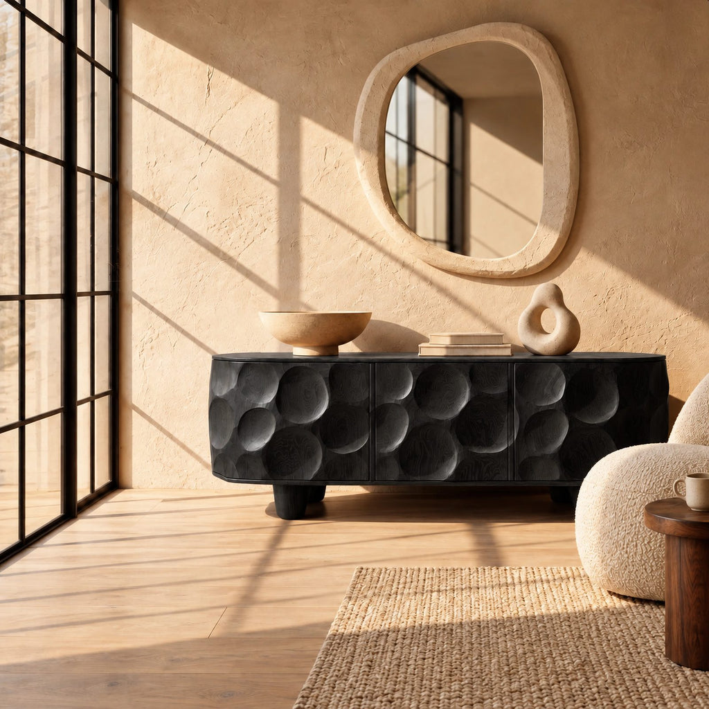 Sculptural Honeycomb Carved Wood Sideboard For Dining Room