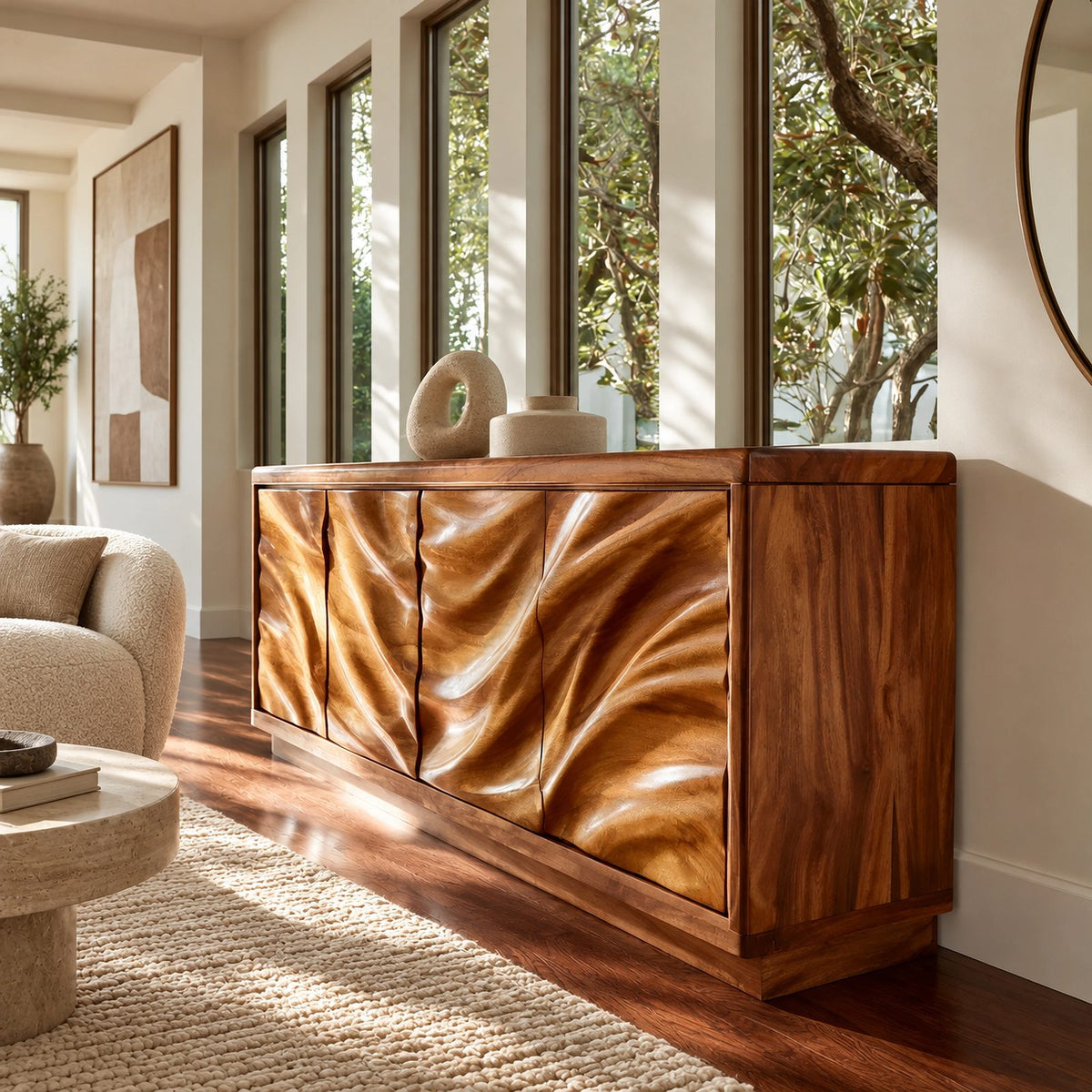 Modern Wave Sculpted Wood Sideboard For Dining Room
