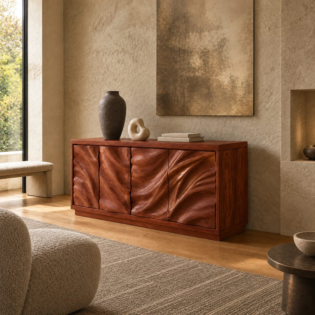 Modern Wave Sculpted Wood Sideboard For Dining Room