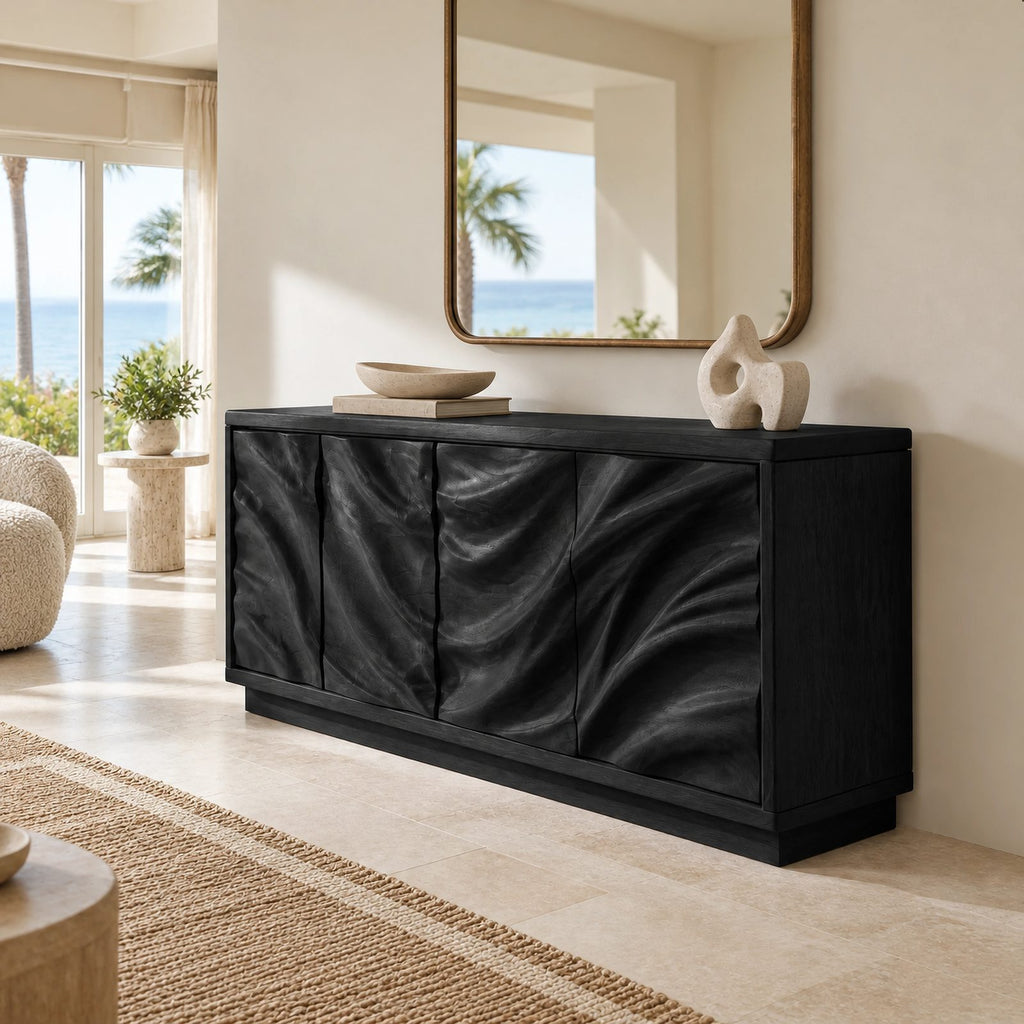 Modern Wave Sculpted Wood Sideboard For Dining Room