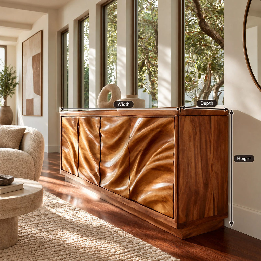 Modern Wave Sculpted Wood Sideboard For Dining Room