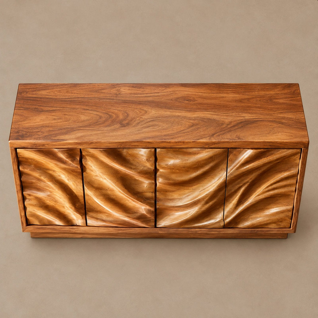Modern Wave Sculpted Wood Sideboard For Dining Room