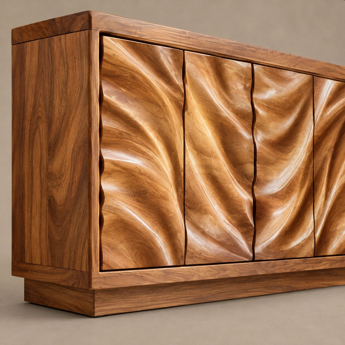 Modern Wave Sculpted Wood Sideboard For Dining Room