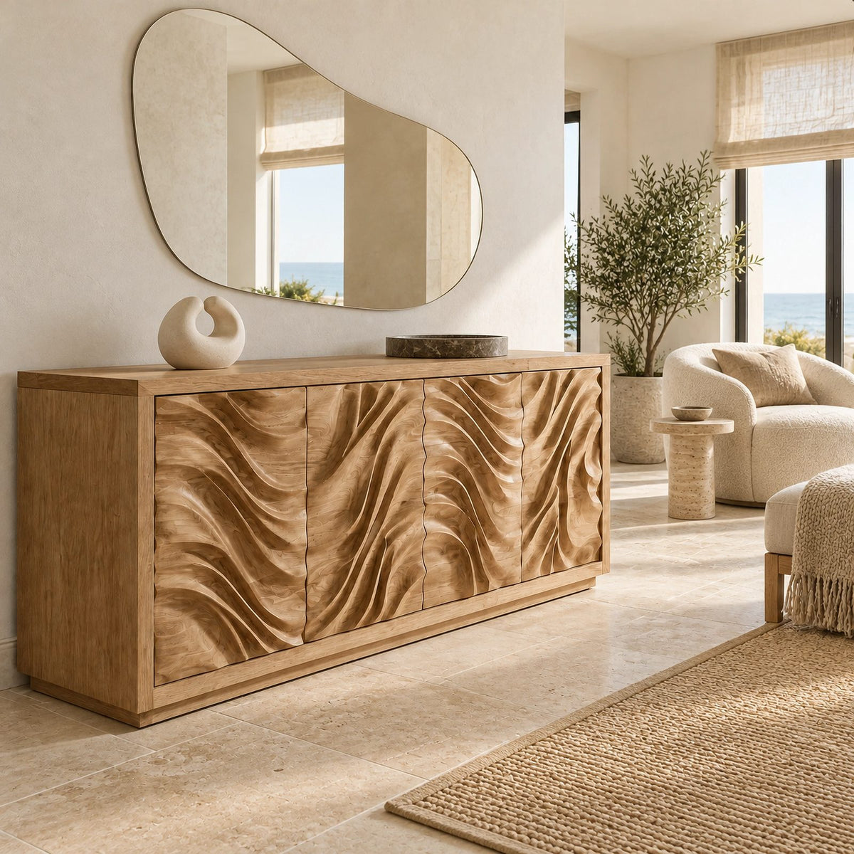 Organic Wave Carved Sideboard For Dining Room