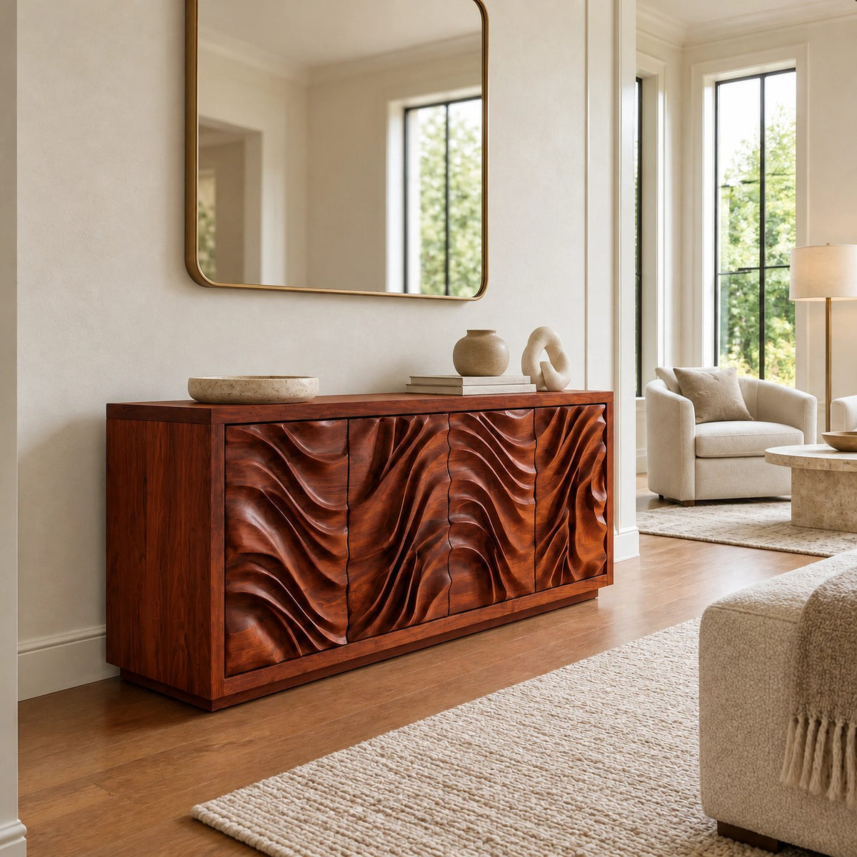 Organic Wave Carved Sideboard For Dining Room