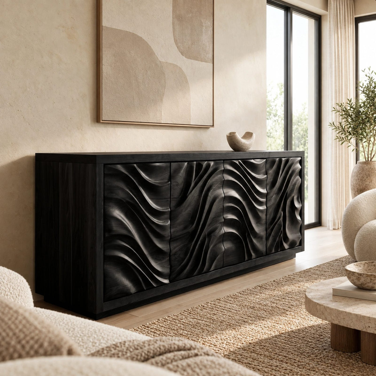 Organic Wave Carved Sideboard For Dining Room