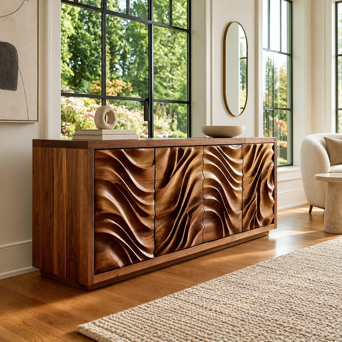 Organic Wave Carved Sideboard For Dining Room