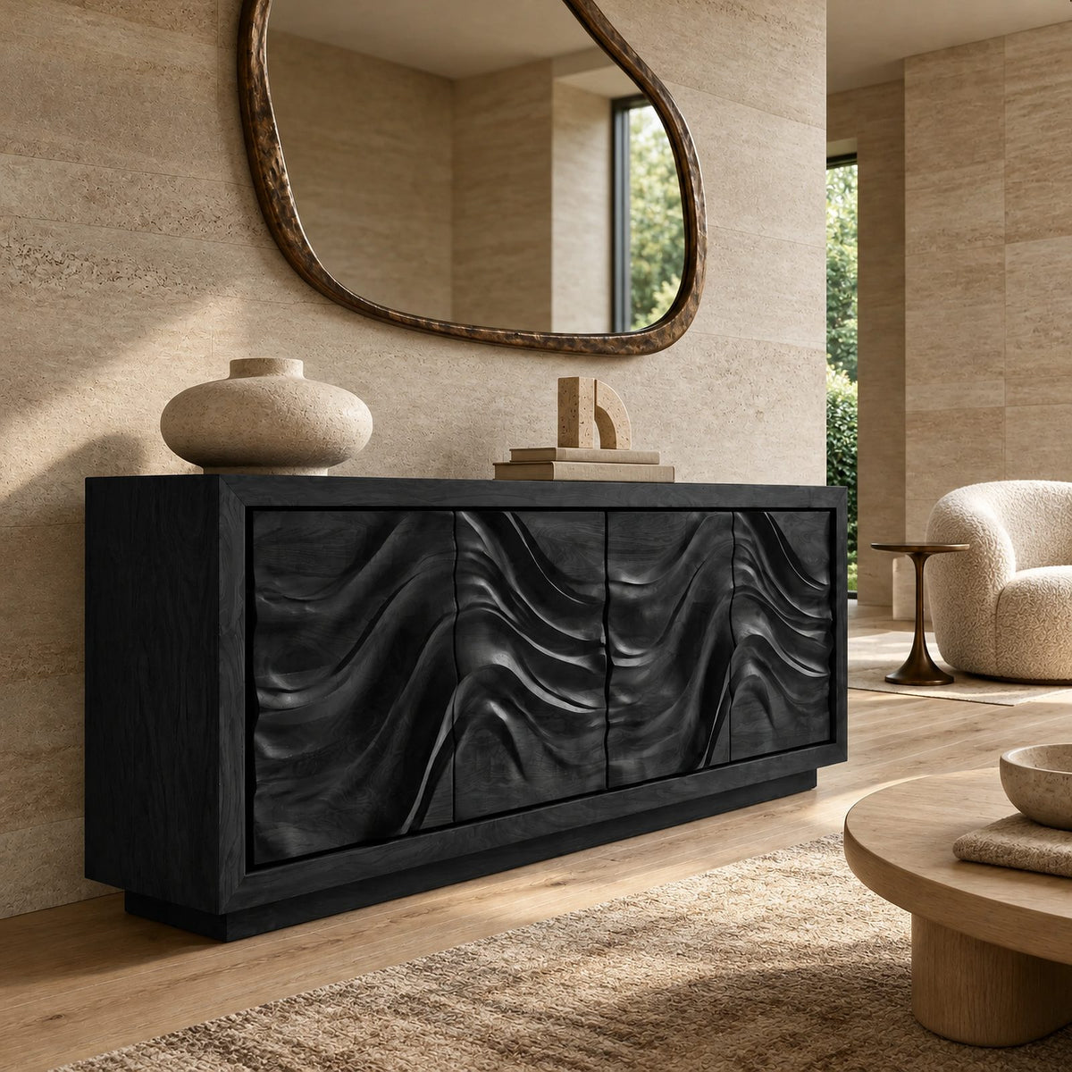 Sculptural Wave Front Storage Sideboard For Dining Room