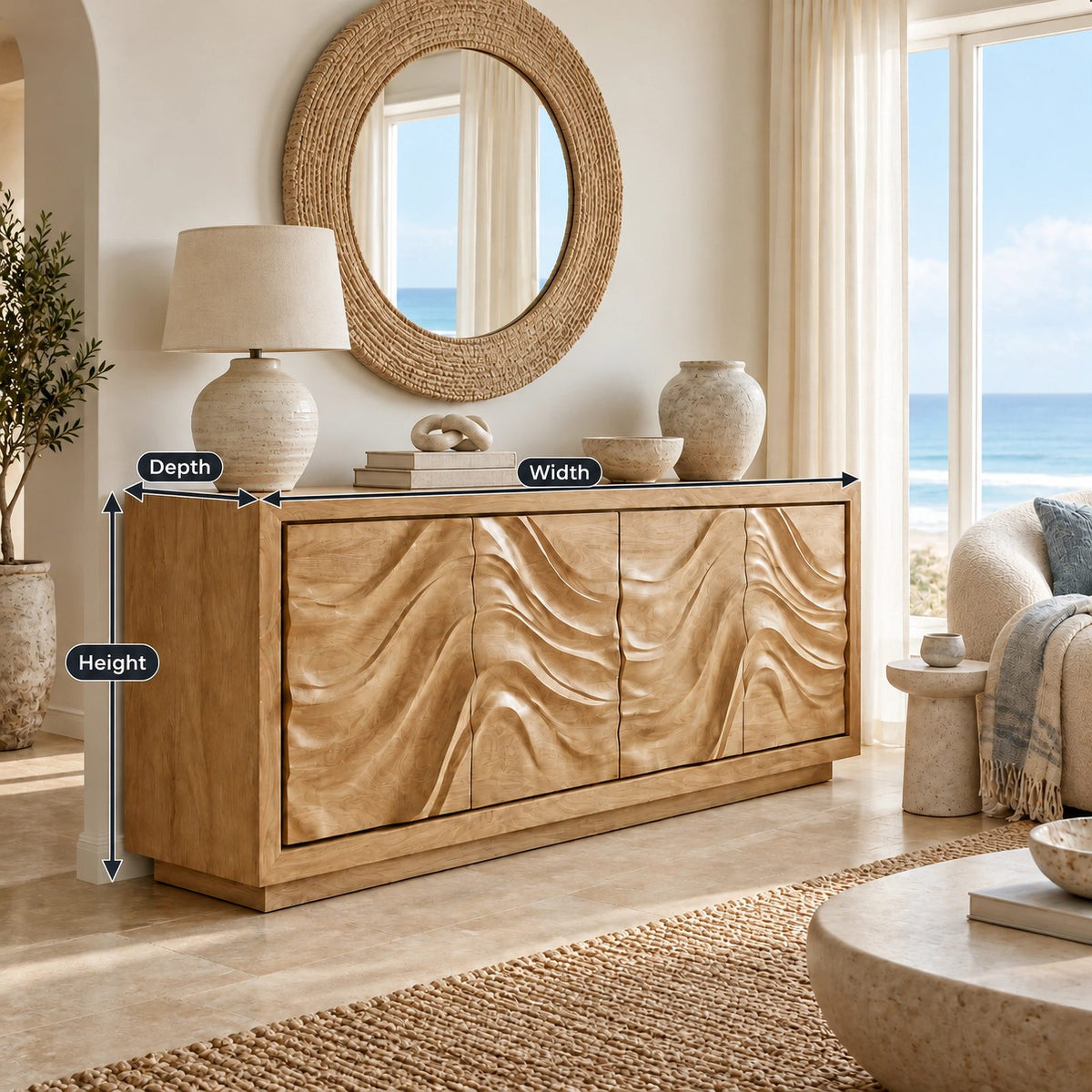 Sculptural Wave Front Storage Sideboard For Dining Room