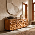 Rustic Wave Carved Sideboard Cabinet With Storage Doors For Dining Room