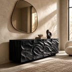 Rustic Wave Carved Sideboard Cabinet With Storage Doors For Dining Room
