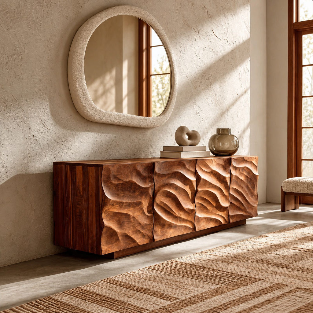 Rustic Wave Carved Sideboard Cabinet With Storage Doors For Dining Room