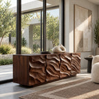 Rustic Wave Carved Sideboard Cabinet With Storage Doors For Dining Room