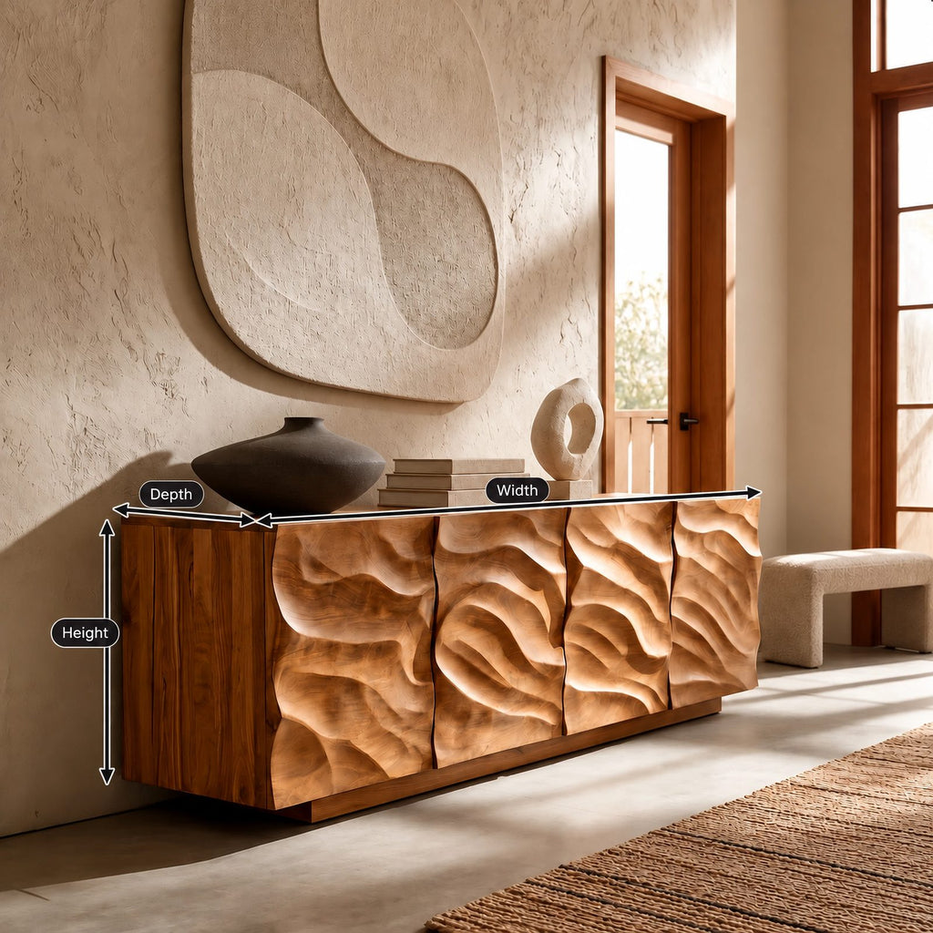 Rustic Wave Carved Sideboard Cabinet With Storage Doors For Dining Room