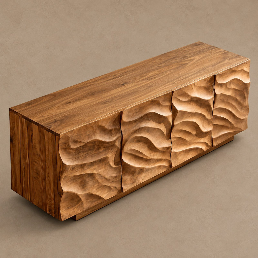 Rustic Wave Carved Sideboard Cabinet With Storage Doors For Dining Room