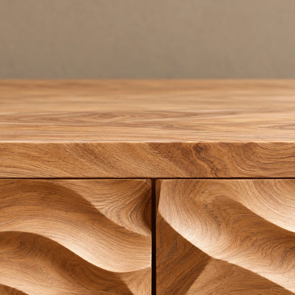 Rustic Wave Carved Sideboard Cabinet With Storage Doors For Dining Room