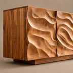 Rustic Wave Carved Sideboard Cabinet With Storage Doors For Dining Room