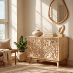 Handcrafted Carved Medallion Wood Sideboard For Entryway