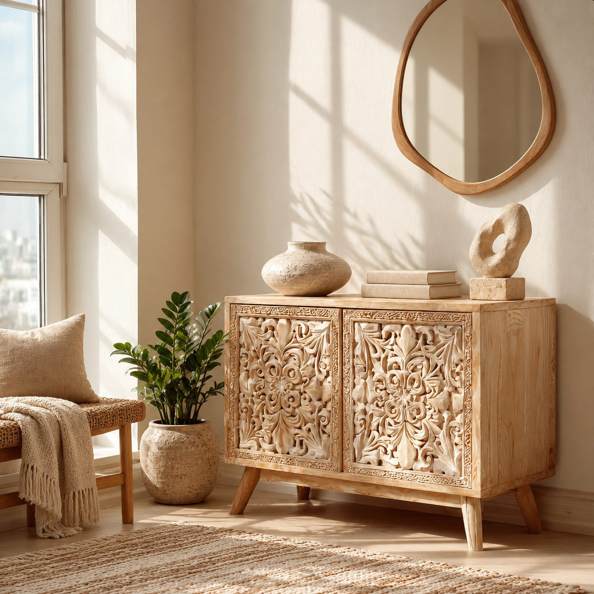 Handcrafted Carved Medallion Wood Sideboard For Entryway