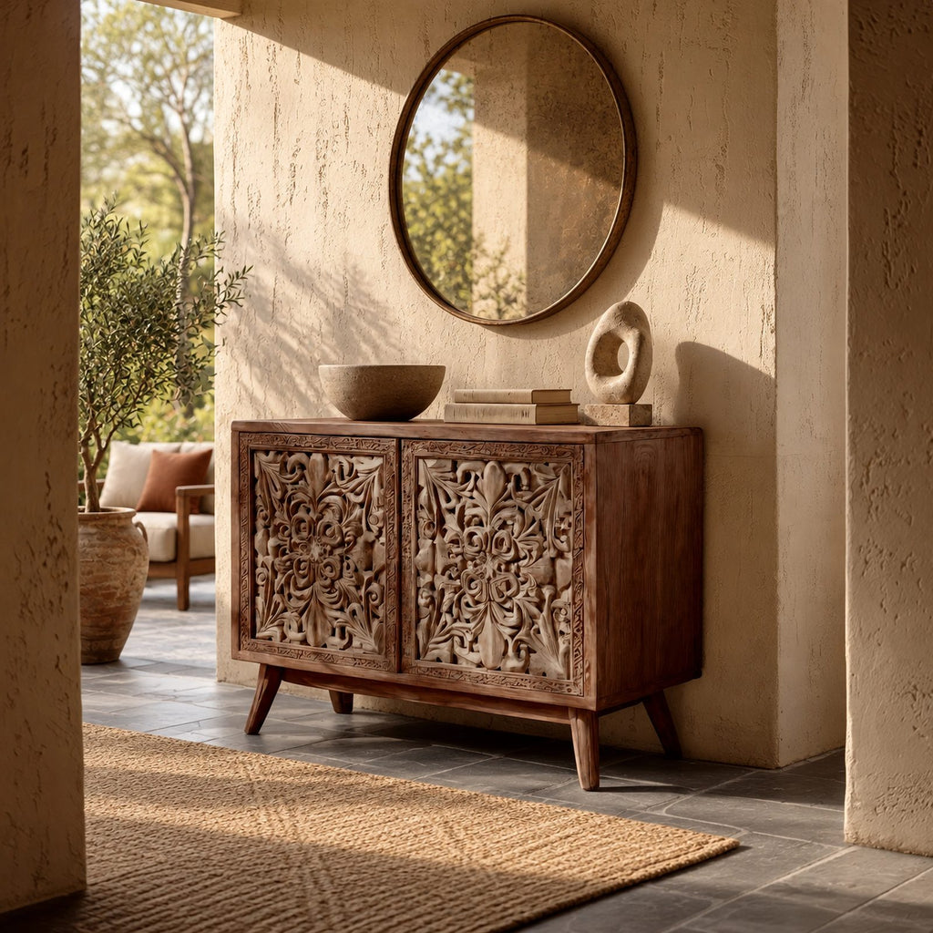 Handcrafted Carved Medallion Wood Sideboard For Entryway