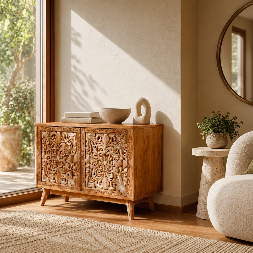 Handcrafted Carved Medallion Wood Sideboard For Entryway