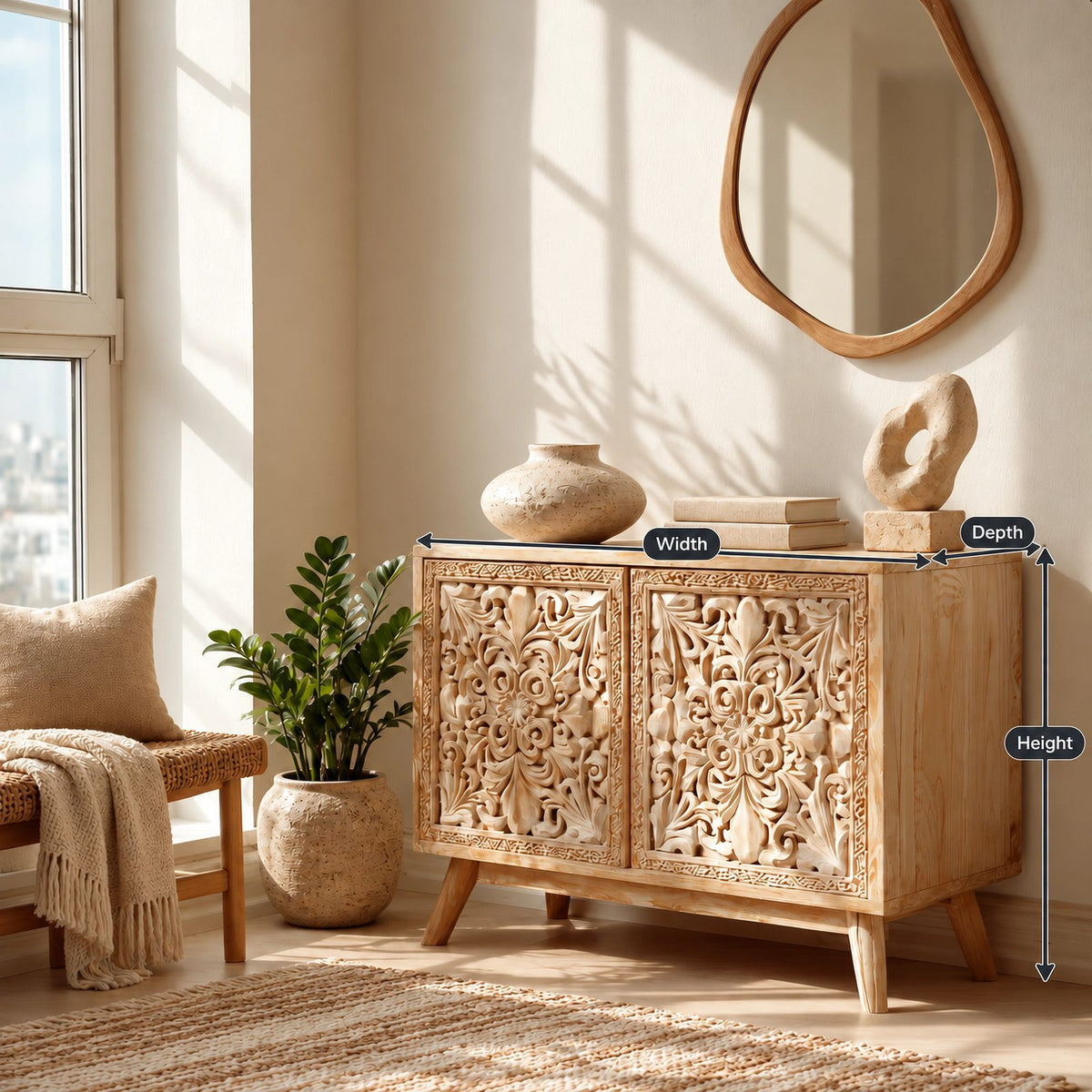 Handcrafted Carved Medallion Wood Sideboard For Entryway