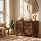 Handcrafted Carved Medallion Wood Sideboard For Entryway