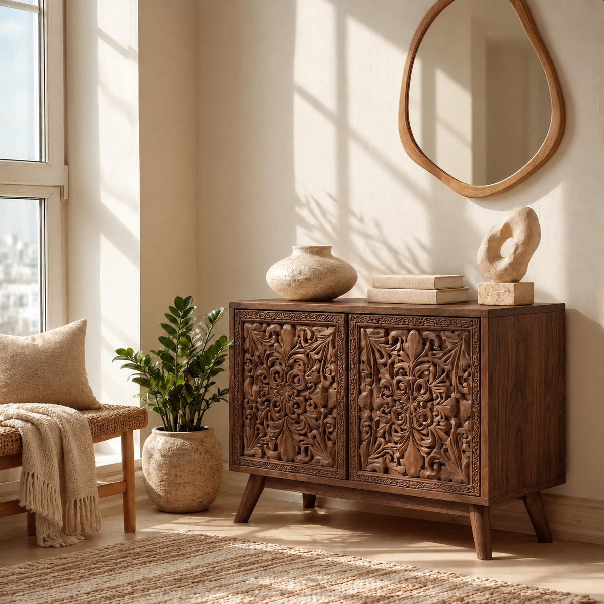 Handcrafted Carved Medallion Wood Sideboard For Entryway