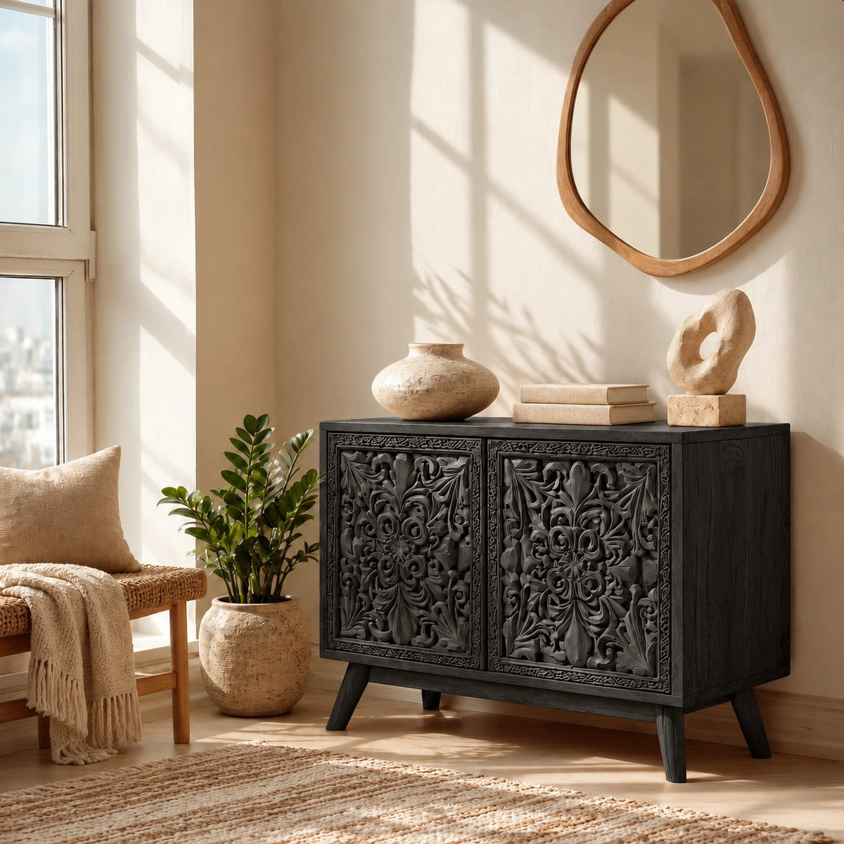 Handcrafted Carved Medallion Wood Sideboard For Entryway