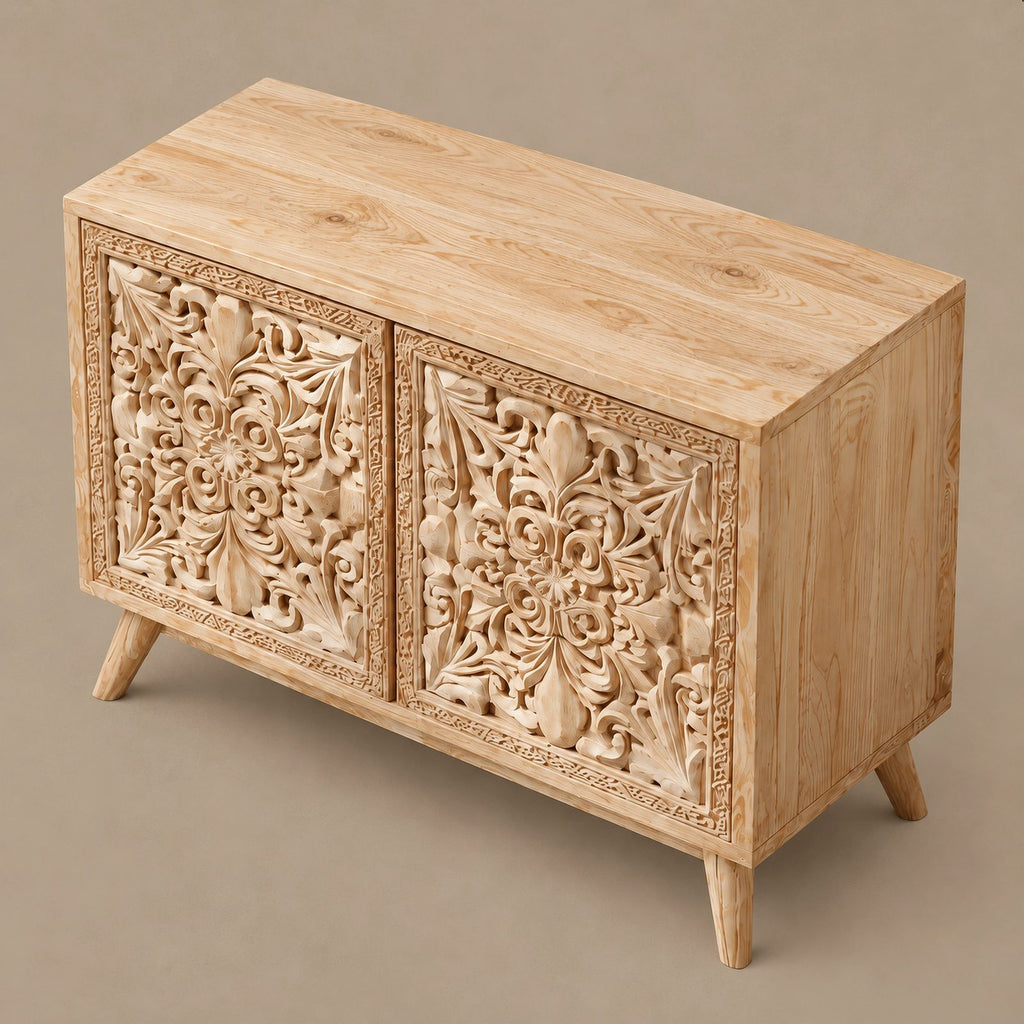 Handcrafted Carved Medallion Wood Sideboard For Entryway