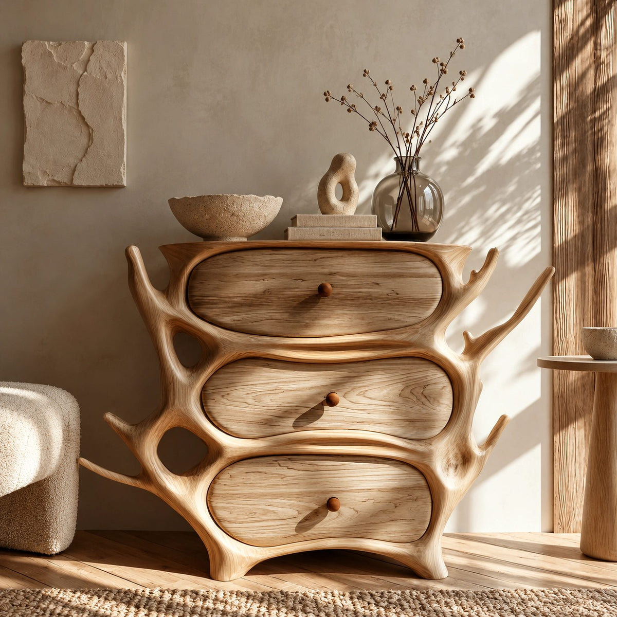 Sculptural Branch Frame Nightstand With 3 Drawers For Bedroom