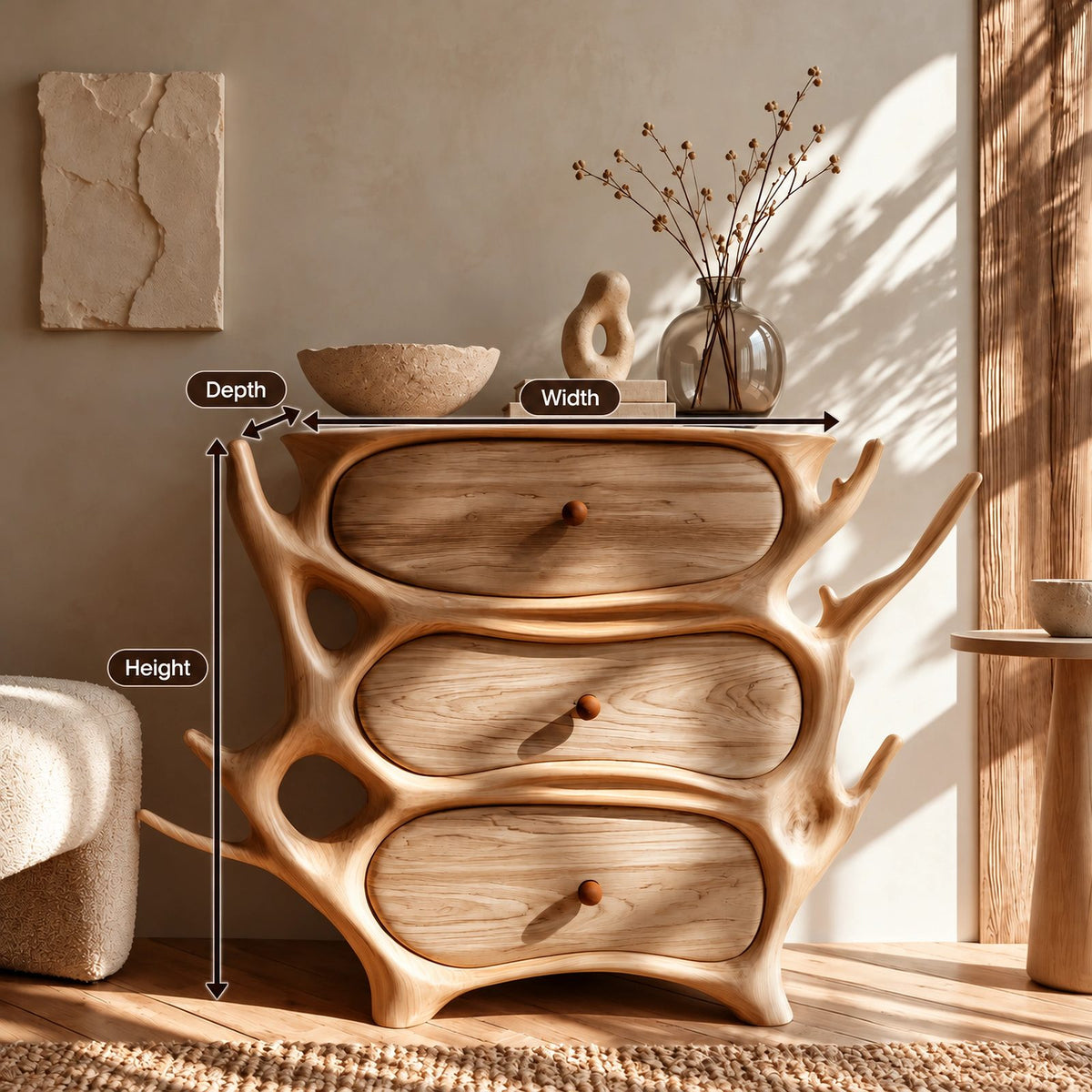 Sculptural Branch Frame Nightstand With 3 Drawers For Bedroom