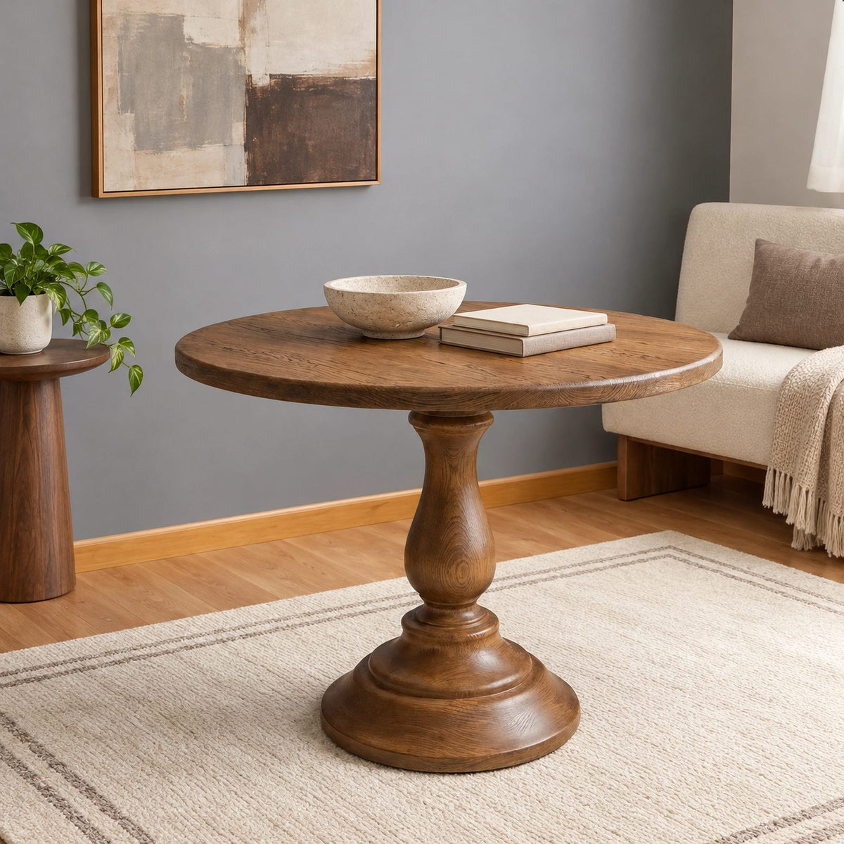 Farmhouse Solid Wood Round Pedestal Dining Table For Dining Room