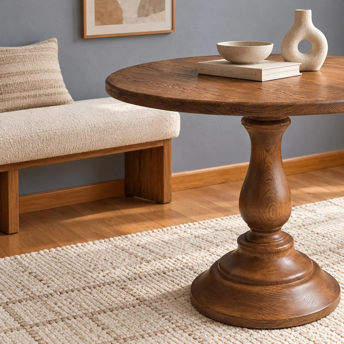 Farmhouse Solid Wood Round Pedestal Dining Table For Dining Room