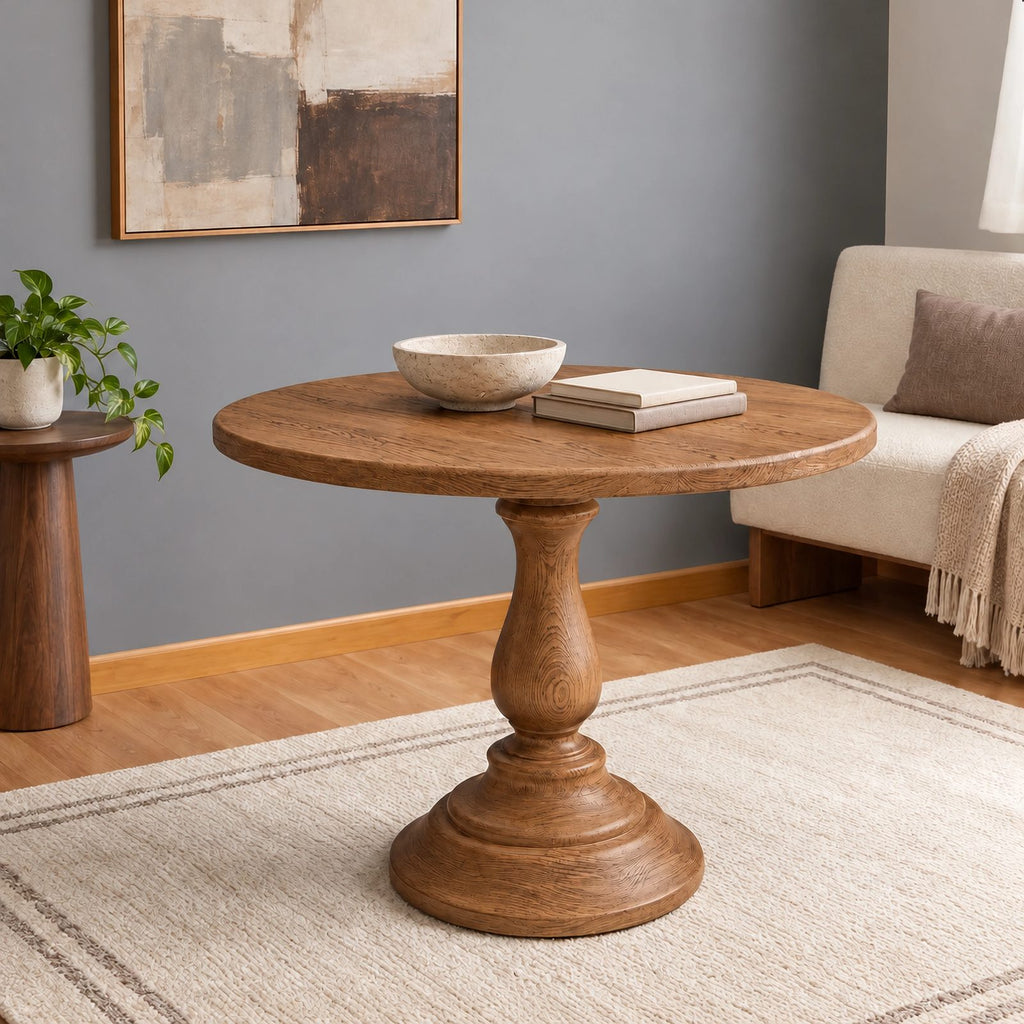 Farmhouse Solid Wood Round Pedestal Dining Table For Dining Room