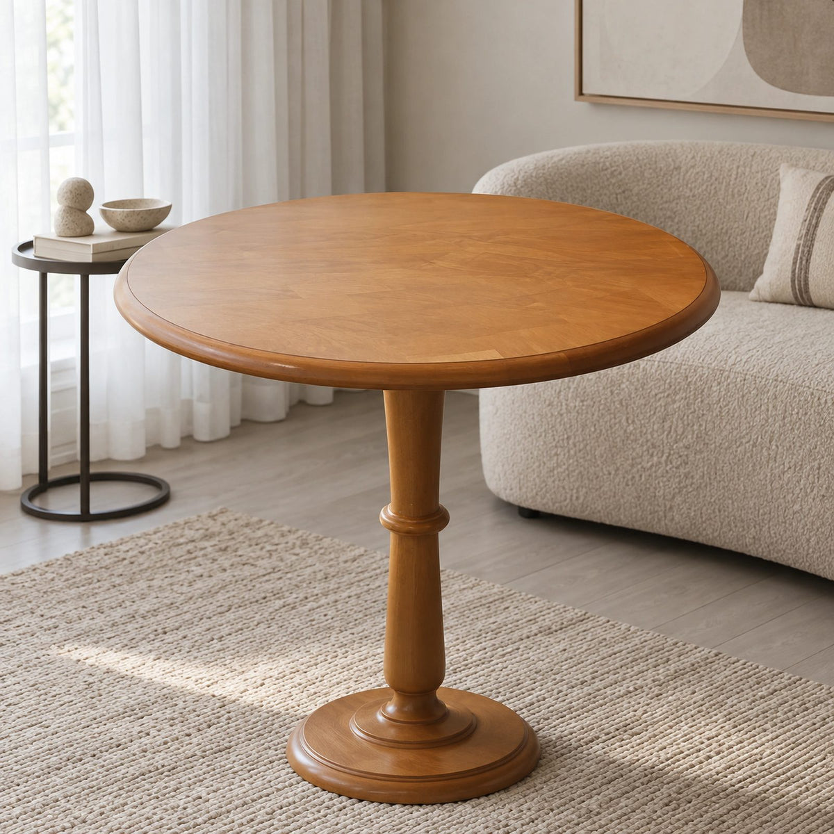 Minimalist Solid Wood Round Dining Table With Turned Pedestal For Kitchen