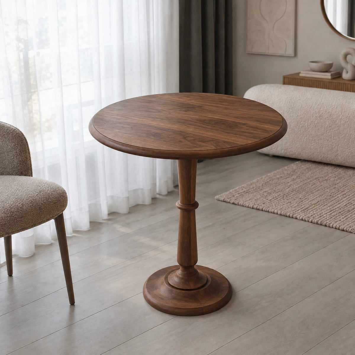Minimalist Solid Wood Round Dining Table With Turned Pedestal For Kitchen