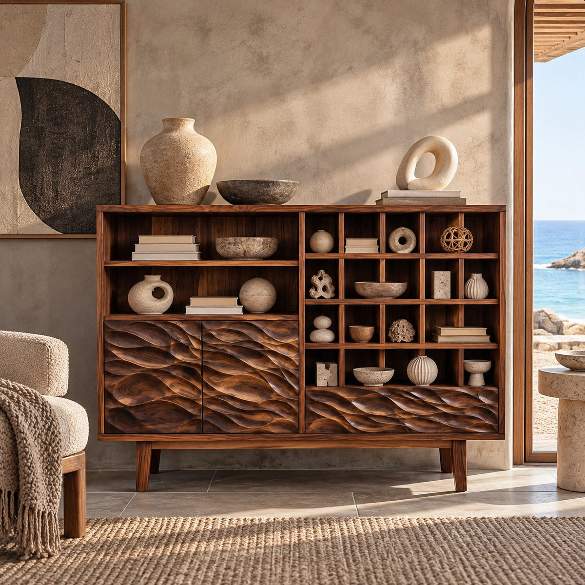Scandinavian Sideboard With Open Display Compartments For Dining Room