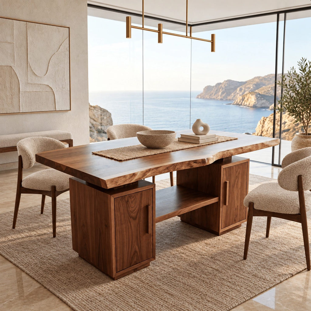 Modern Live Edge Slab Dining Table With Dual Storage Pedestals