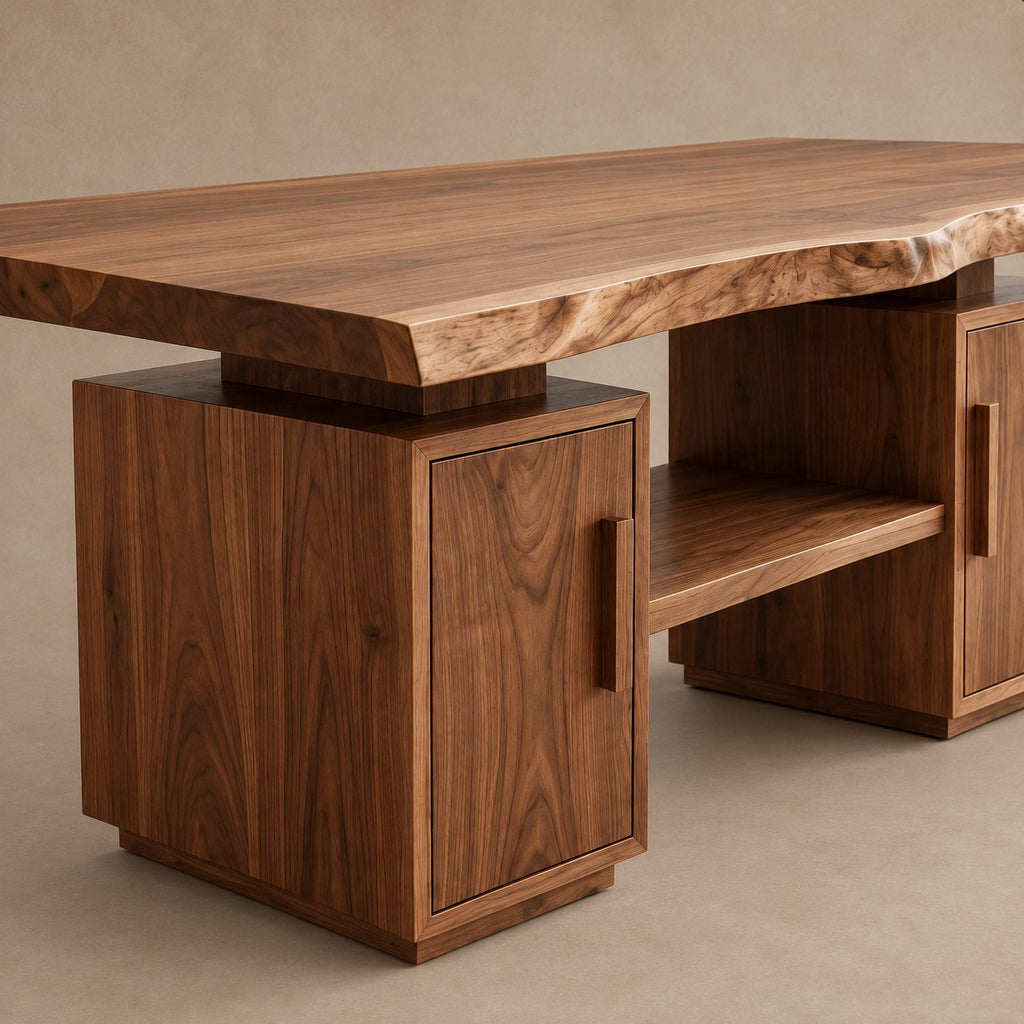 Modern Live Edge Slab Dining Table With Dual Storage Pedestals