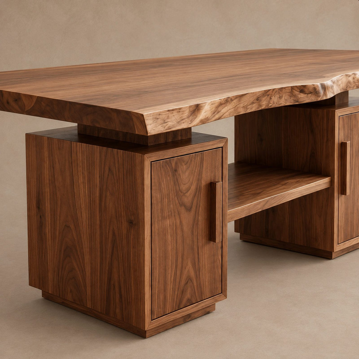 Modern Live Edge Slab Dining Table With Dual Storage Pedestals