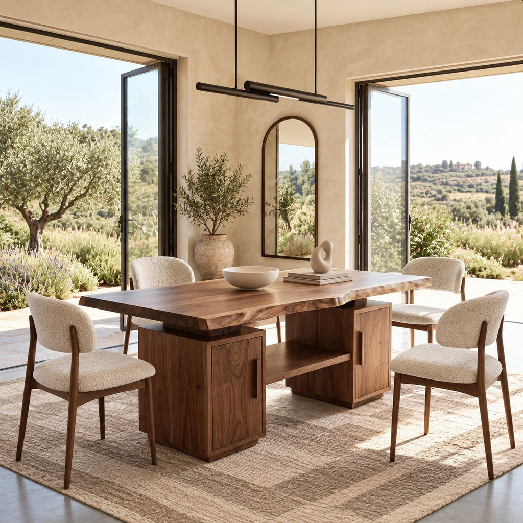 Modern Live Edge Slab Dining Table With Dual Storage Pedestals