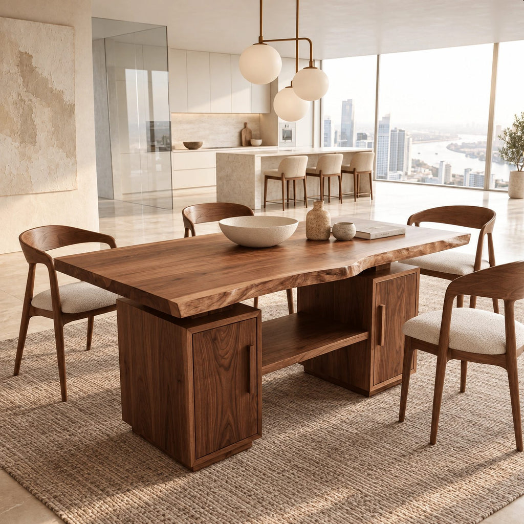 Modern Live Edge Slab Dining Table With Dual Storage Pedestals